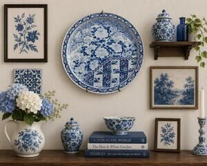 Ming Blue and White Metal Tray Round 13.5” Diameter